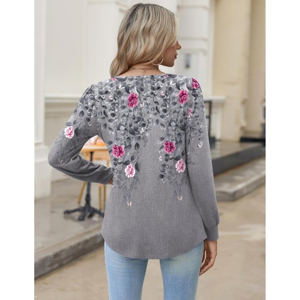 Floral V-Neck Long Sleeve Tee - Gray with Pink Floral - Picture 6 of 6
